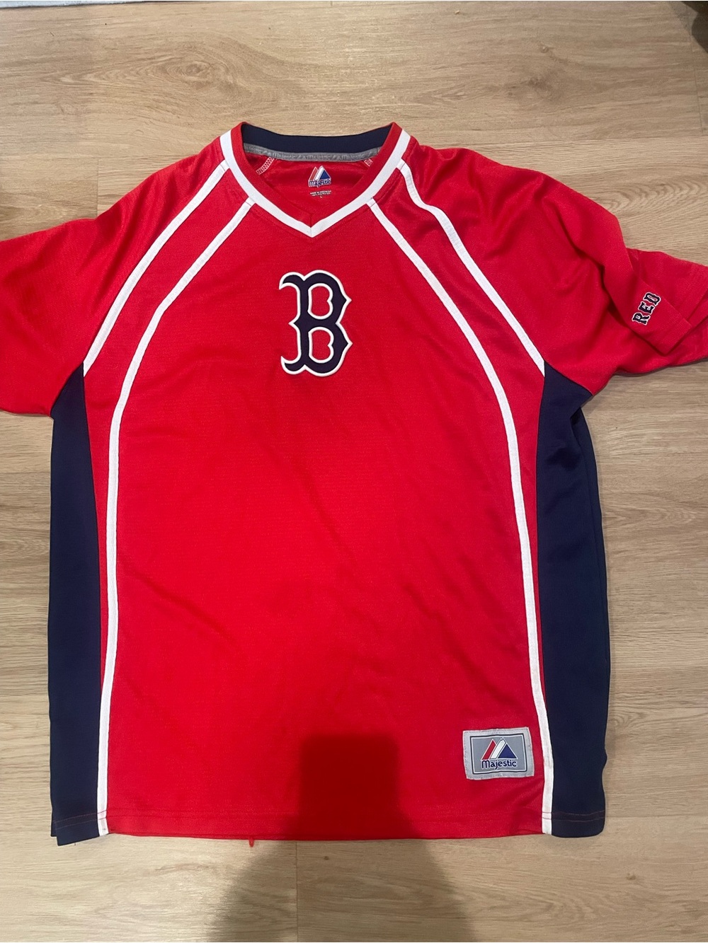 Majestic Red and Navy Boston B Raglan Baseball Jersey